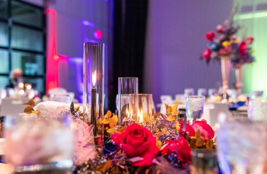 Beautiful floral and table decor at wedding reception table at Retreat 21 near Columbus, Ohio
